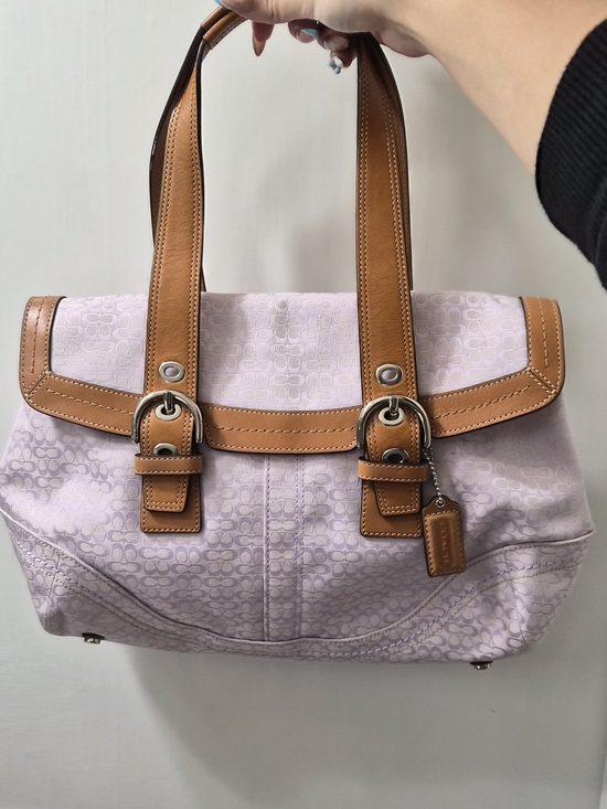 Coach Handbags - Coach Lilac Signature Canvas Shoulder Bag with Tan Leather Trim